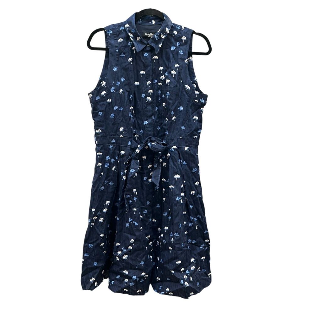 Nine West Fit & Flare Dress Sz 10 Blue White Umbrella Print Collared Sleeveless